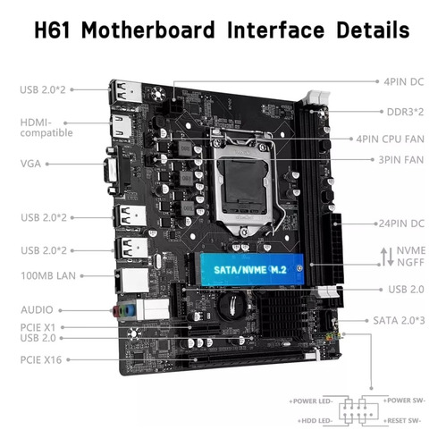 Placa Mãe Machinist H61 Lga 1155 M.2 Nvme Ddr3 2e3 - O19 Preto