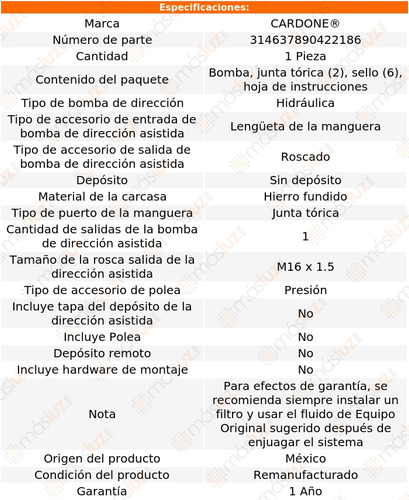 Bomba Dirección Licuadora Escalade 8 Cil 6.2l 09/14 Reman (Reacondicionado)