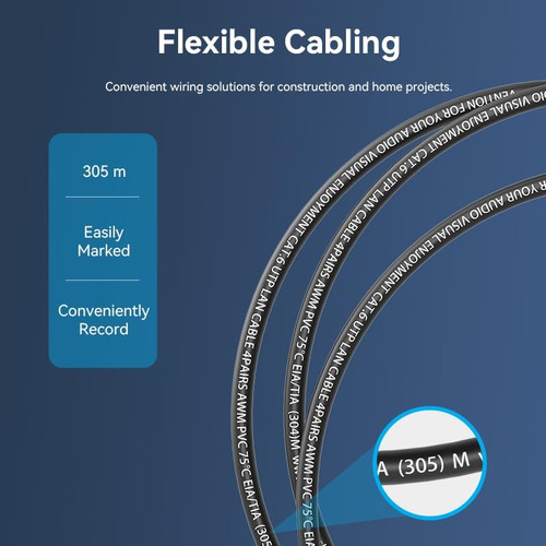 Cable De Red Vention Cat 6 - 305 Metros - Para Exterior Bobina Premium - Utp Rj45 Ethernet 1000 Mbps - Servidor - Camaras Seguridad - Doble vaina Resistente Al Agua Y Al Sol - Negro - Ihlb305