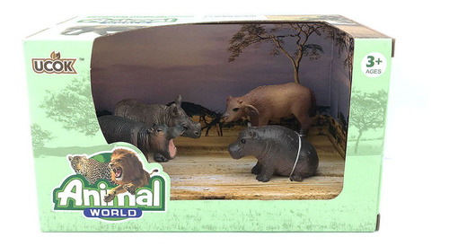 Animal World Rinocerontes Antilope Hipopotamo Pack X 4 Color Gris