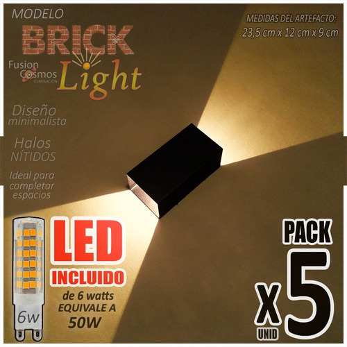 Aplique Pared Interior Bidireccional Lampara Led 6w Pack X5u Superbrillante Luz Indirecta Pared Living Comedor Bipin 
