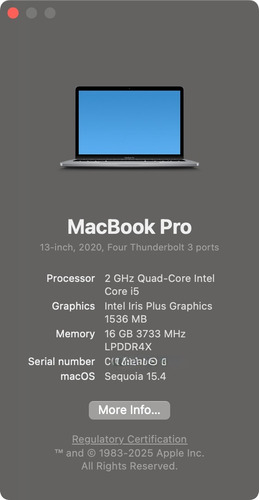 Apple Macbook Pro, 13 Pulg, Intel I5, 2020, 16gb Ram, 512 Gb Gris Espacial (Usado)