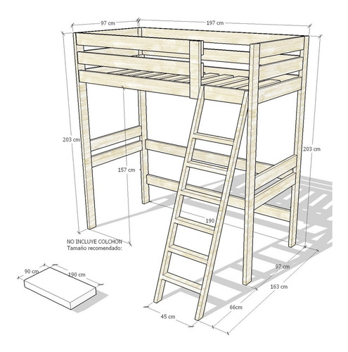 Imagen 2 de 5 de Cama Alta 190 X 90 En Madera 100% Maciza Ref: Mezanine 2.0