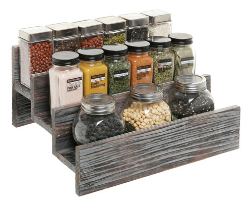 Mygift Rustic Torched Wood Spice Rack With 3 Tier Stair Des.