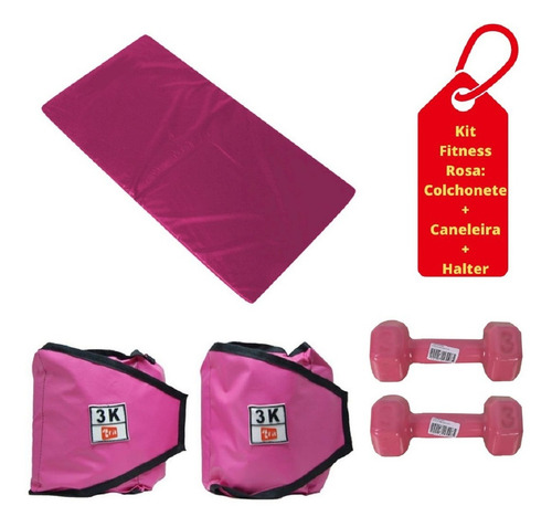 Kit Colchonete Rosa+caneleira 3kg + Par Halter Sextavado 3kg Cor Rosa