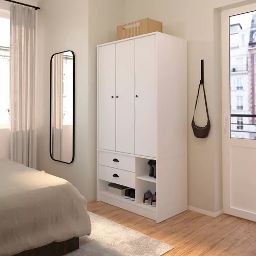 Armario Dormitorio Color Blanco 3 Puertas 3 Cajones Con Estantes Y