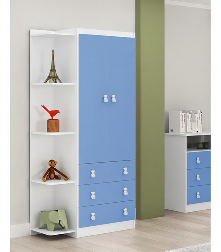 Guarda Roupa Bebê Arco-íris Canto 2 Portas 3 Gavetas Azul