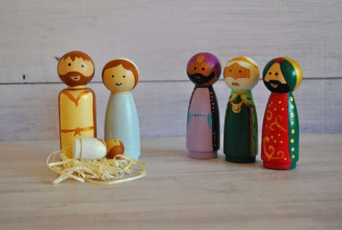 Muñequitos Madera Tipo Peg Doll - Pesebre Con Reyes Magos
