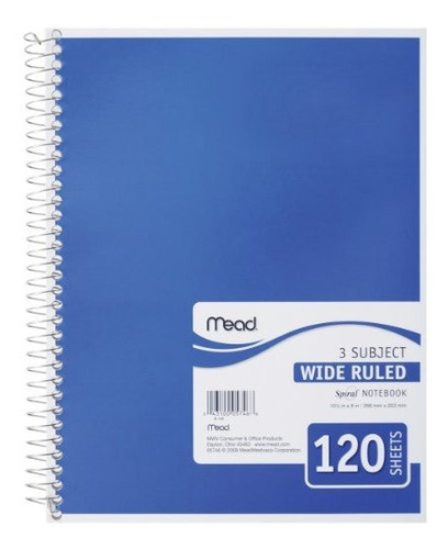 Cuaderno Espiral Mead, 3 Materias, Rayado Ancho, 120 Hojas.