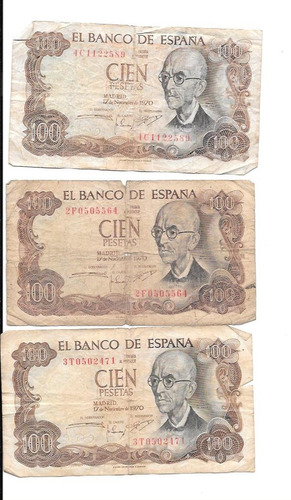 Liquido Lote De 3 Billetes De España.  100 Pesetas 1970