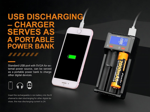 Cargador de pilas Fenix ARE-D2 - USB5Volts entrada