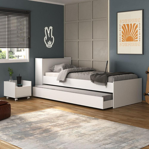 Conjunto Quarto Bicama com Colchão e Baú/Mesa de Cabeceira Multimóveis MP4223 Cor Branco