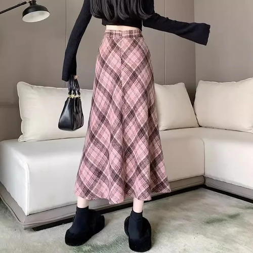 Falda Midi En Forma De A A Cuadros Rosa Para Mujer Elegante