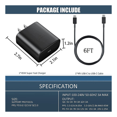 Samsung Super Fast Charger, 45w Usb-c Wall Charger Para Sams