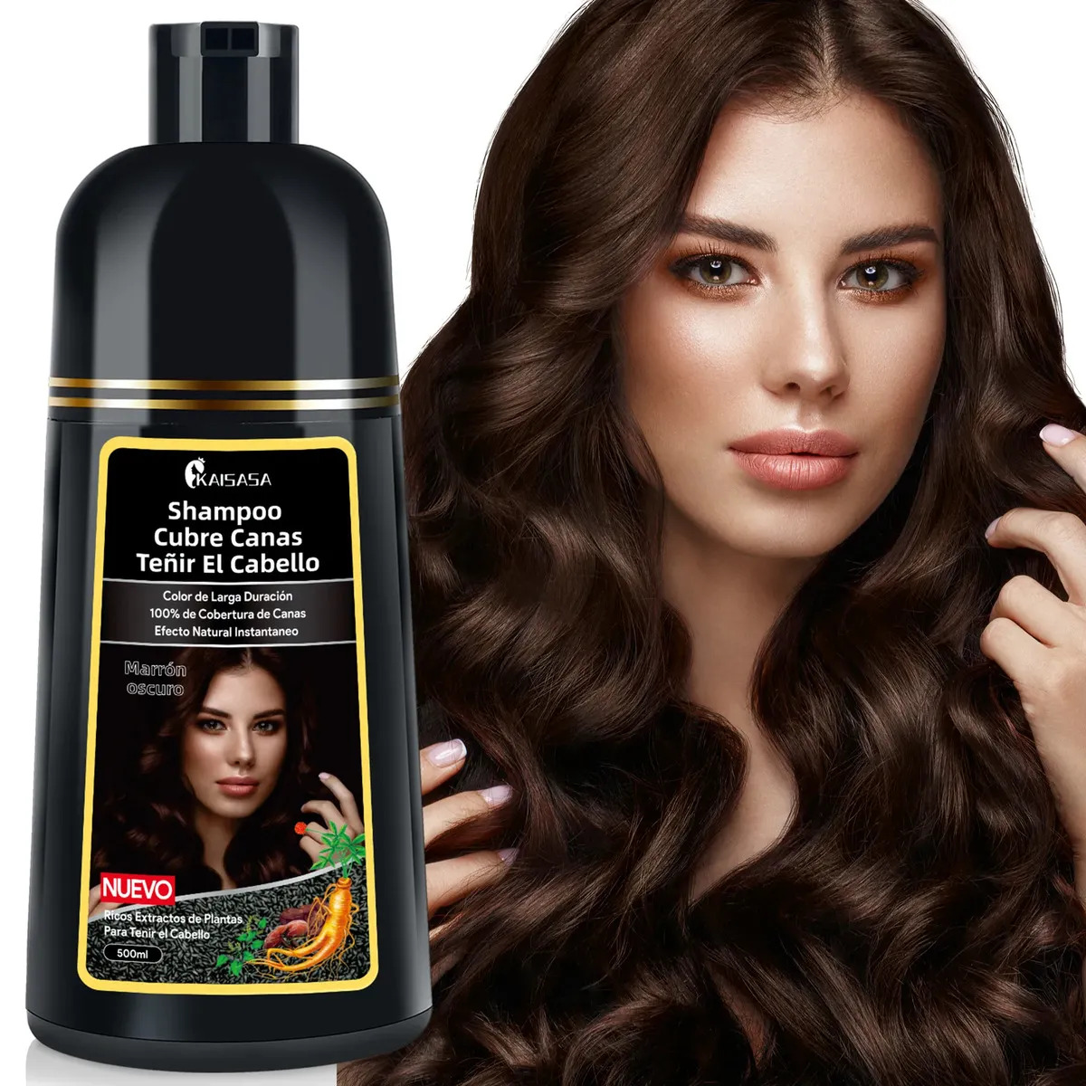 Champú Tinte Kaisasa 3 en 1 para Cobertura de Canas – Castaño Oscuro, 400 mL