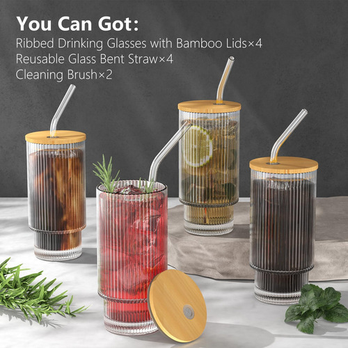 Vaso Tapa Madera Bambu Sorbete De Vidrio Aesthetic 500ml