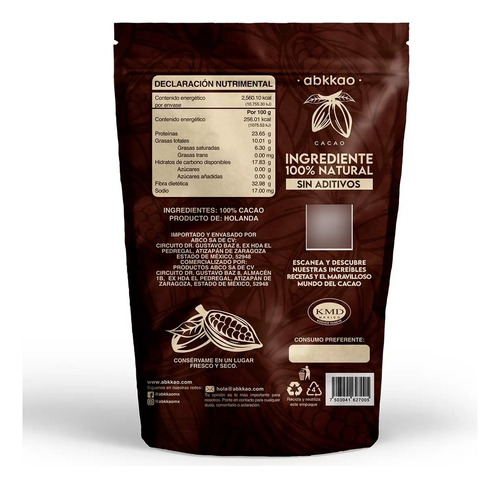 1 Kg Abkkao Cacao En Polvo 100% Sin Endulzantes Sin AzĂșcar