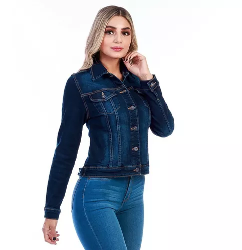 Chamarra De Mezclilla Stretch Mujer Ajustable Azul Oscuro