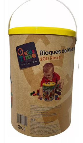 Kidz Time Premium Cubeta De Bloques De Madera 100 Piezas.