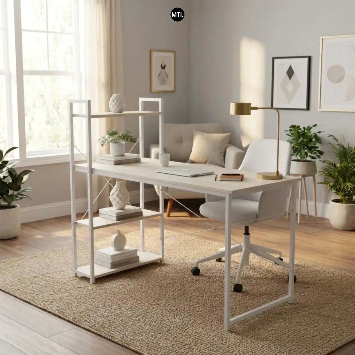 Escritorio Mtl Con Estantes Laterales Integrados Moderna Oficina Home Office Laptop Mesa Pc Compacta Con Espacio De Almacenamiento Diseño Minimalista Funcional Estudio Trabajo Blanco