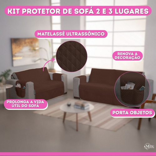 Kit Protetor De Sofá 2 E 3 Lugares Com Bolsos Laterais Liso