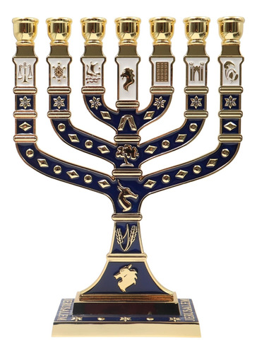 Jerusalén Azul Esmalte 7 Ramas Menorah 10.8 Pulgadas D...