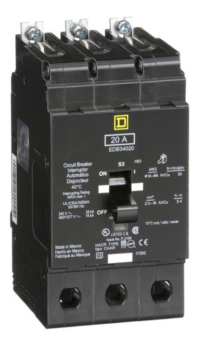 Imagen 1 de 1 de Interruptor Termomagnético Edb 3p 20a Schneider Edb34020