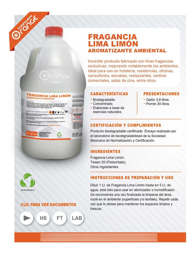 Fragancia Lima Limón Aromatizante Ambiental Biodegradable