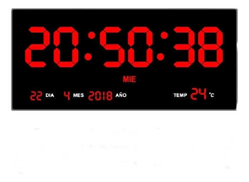 Reloj De Pared Led Rojo Termómetro Y 4 Alarmas 36x15 Cm +
