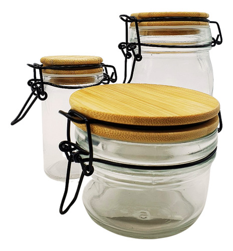 Kit 3 Pote Hermético De Vidro Tampa De Bambu Com Trava Inox