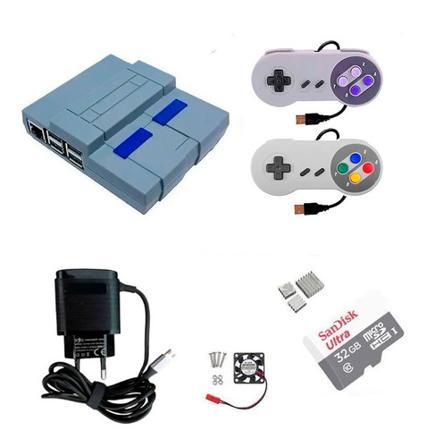 Case Snes Raspberry Pi3 + 2 Controles, Fonte, Cooler + 32gb