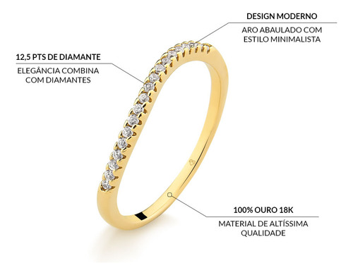 Anel Slim Curvado Em Ouro 18k Com 19 Pontos De Diamante Aro
