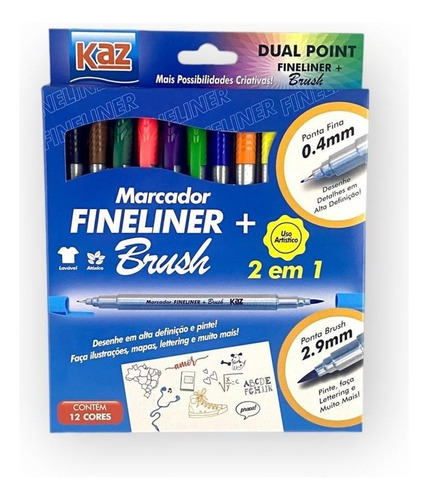 Caneta Fineliner Brush Pen Dual Point 2 Em 1 Estojo 12 Cores