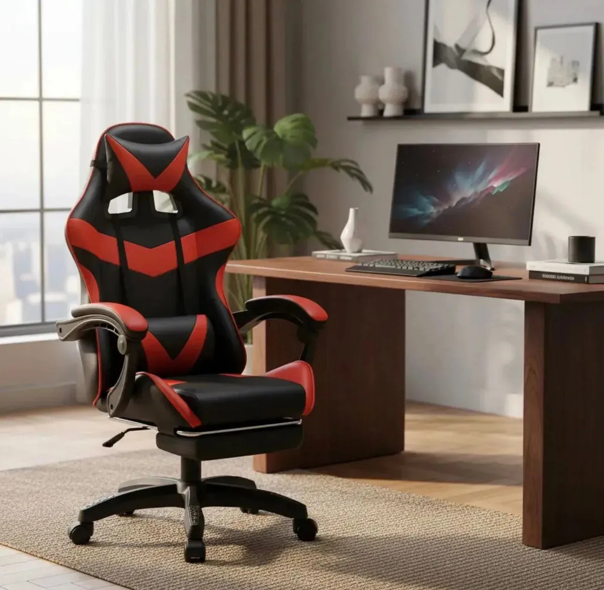 Cadeira Gamer Reclinável Ergonômica Com Apoio Para Pés e Cabeça de Couro Sintético Vermelho Sweet Studio