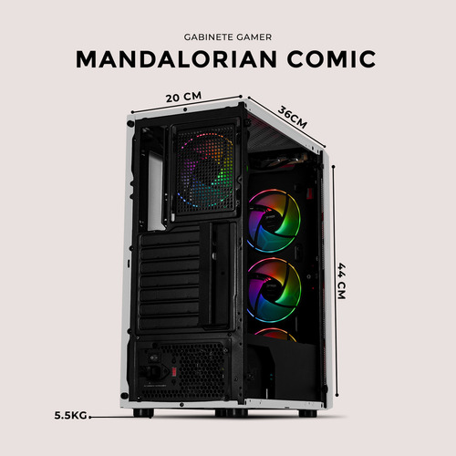 Gabinete Gamer Xtreme Pc Gaming Mandalorian Comic Edition Media Torre Atx 600w 4 Fan Argb Cristal Templado Blanco