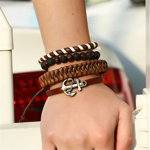 Pulsera De Piel De Vaca Con Cuentas De Madera Y Piedra