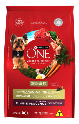 Alimento para Cães Adultos Raças Minis e Pequenas Frango e Carne Purina One Visible Nutrition Pacote 700g