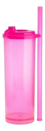 Copo Long Drink Rosa Neon Com Tampa E Canudo Brilhante 17232