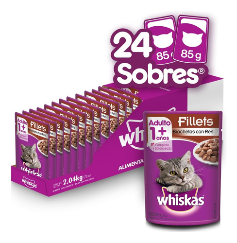 24 Sobres De Alimento Whiskas Fillets Brochetas De Res 85g