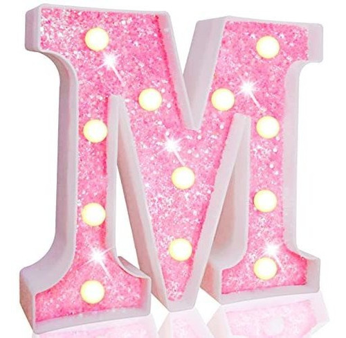 Letra Decorativa Con Luz Led Plastico Rosa Glitter Letra M