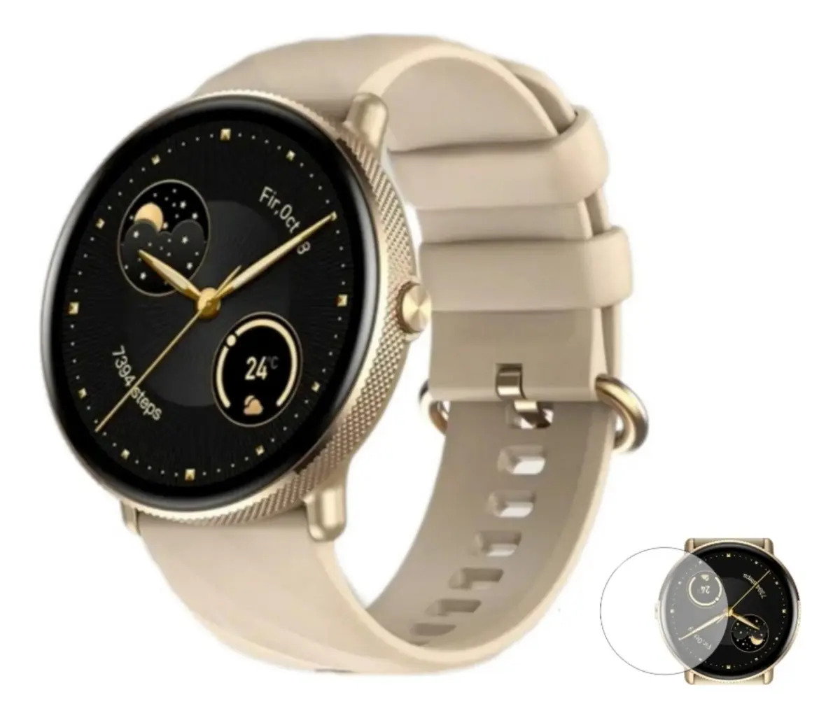 Smartwatch Zeblaze Gtr 3 Pro Relogio Inteligente Voz Spo2 Caixa Dourado Pulseira Dourado Bisel Preto Desenho Da Pulseira Milanese
