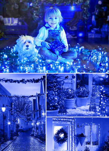 Luces De Cadena Solar Exteriores 100 Led 8 Modos Azul Patio Azul