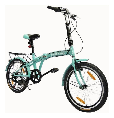 Bicicleta plegable Verado Plegable R20 7v cambios Shimano Revoshit color celeste con pie de apoyo