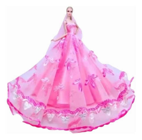 Barbie Ropa Vestido Princesa Bordado Con Velo ( Rosado)