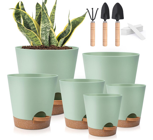 Juego De 6 Macetas Riego Automático 5-8 Pulgadas Con Platill