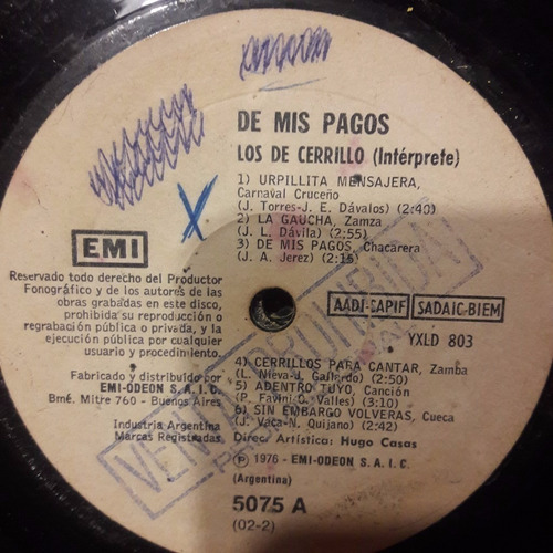 Sin Tapa Disco Los De Cerrillo De Mi Pago F0