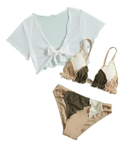 Shein Niñas 3pzas Bikini De Color Combinado Con Cover Up