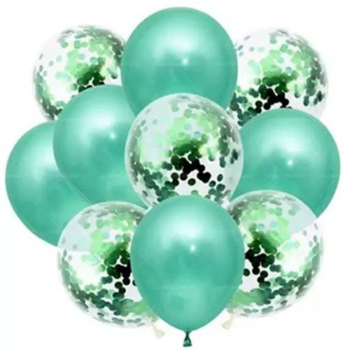 Set 10 Globos Transparente +confeti +perlados Verde