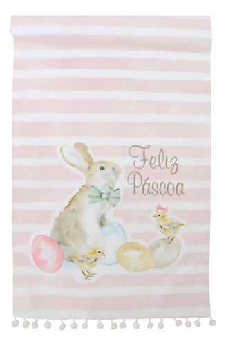 Toalha Caminho de Mesa Rosa e Branco Coelhinho 33x180cm
