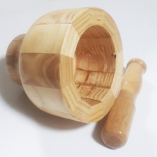 Pilão De Bambu Com Socador Moedor Temperos Alho Triturador